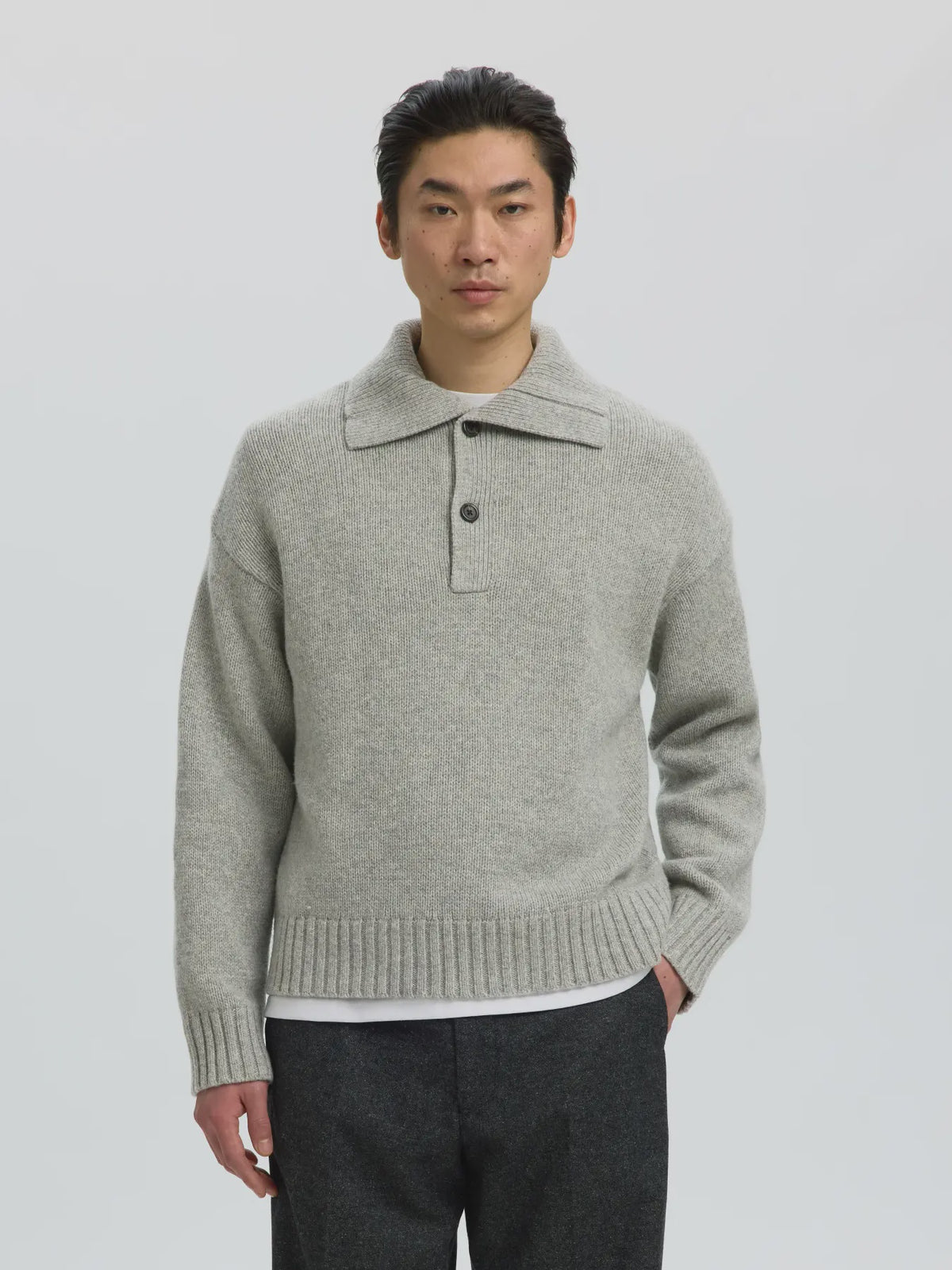 Cody Long Sleeve Knit Polo - Light Grey Melange